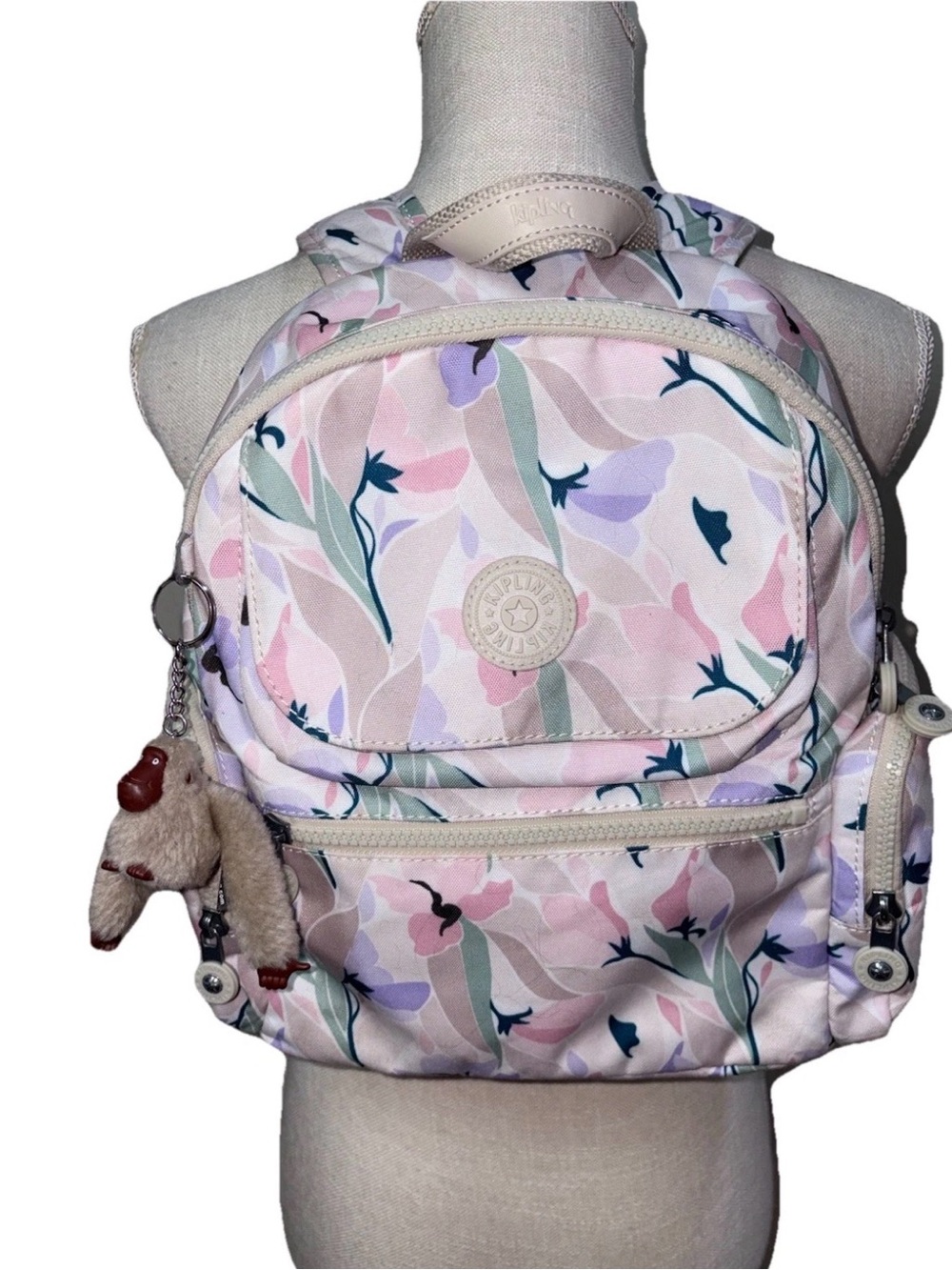 Kipling Women’s Pink Floral Pastel Backpack with Monkey Charm